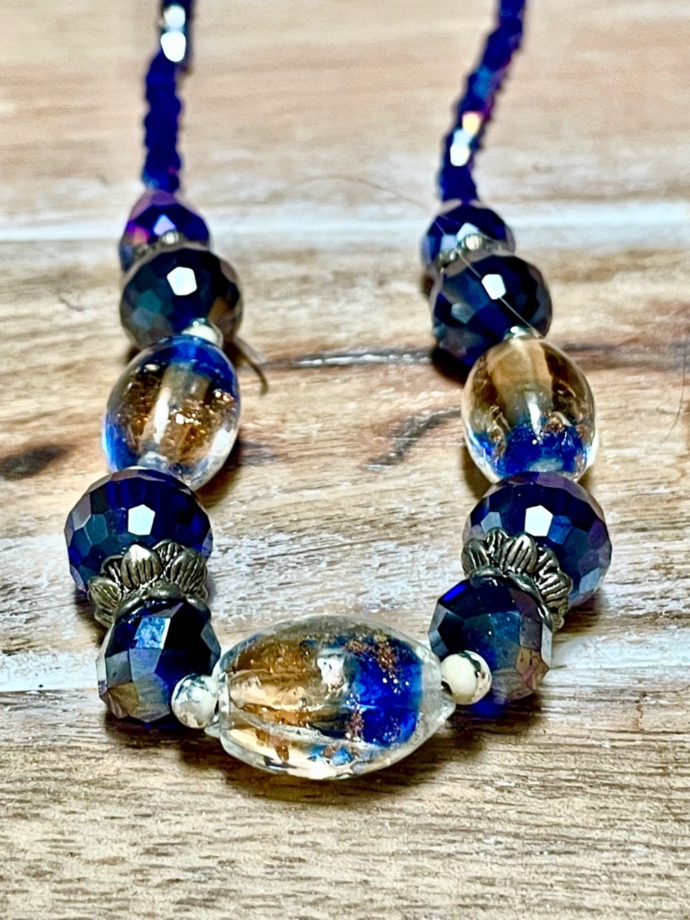 Handmade Blue with Gold Glass Bead Necklace for Women